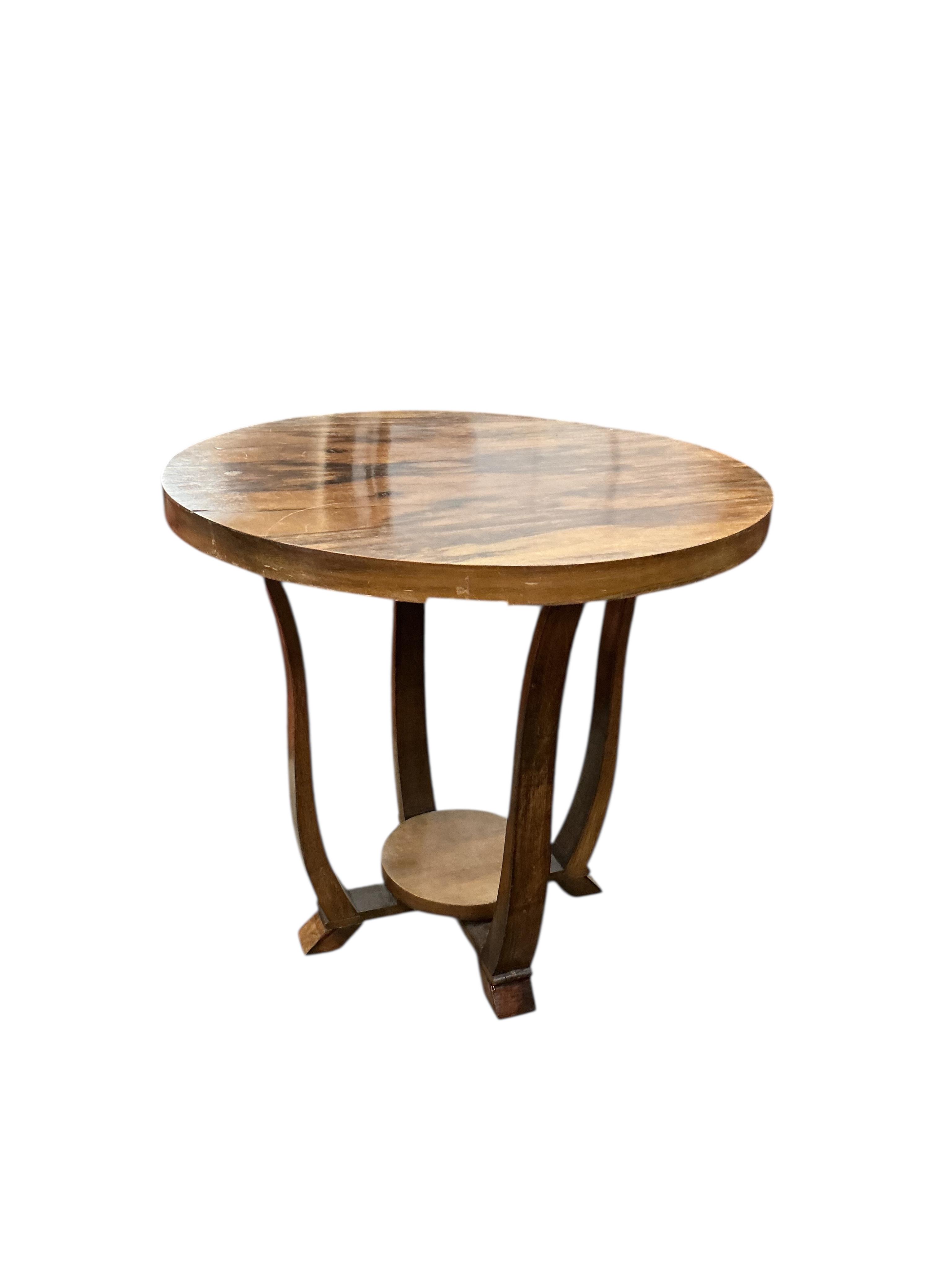 A French Art Deco circular walnut occasional table, diameter 59cm, height 54cm